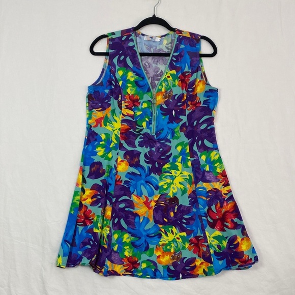 SunnyOcean Sleeveless Mini Dress Colourful Palm Leaf Pattern Size Large - Picture 2 of 10